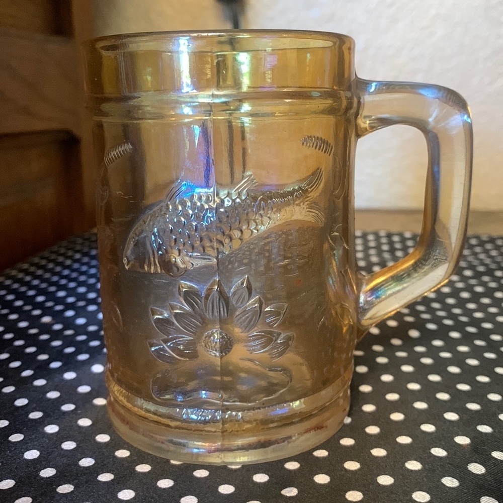 Vintage Dugan Fish Water Lilly Marigold Carnival Glass mug